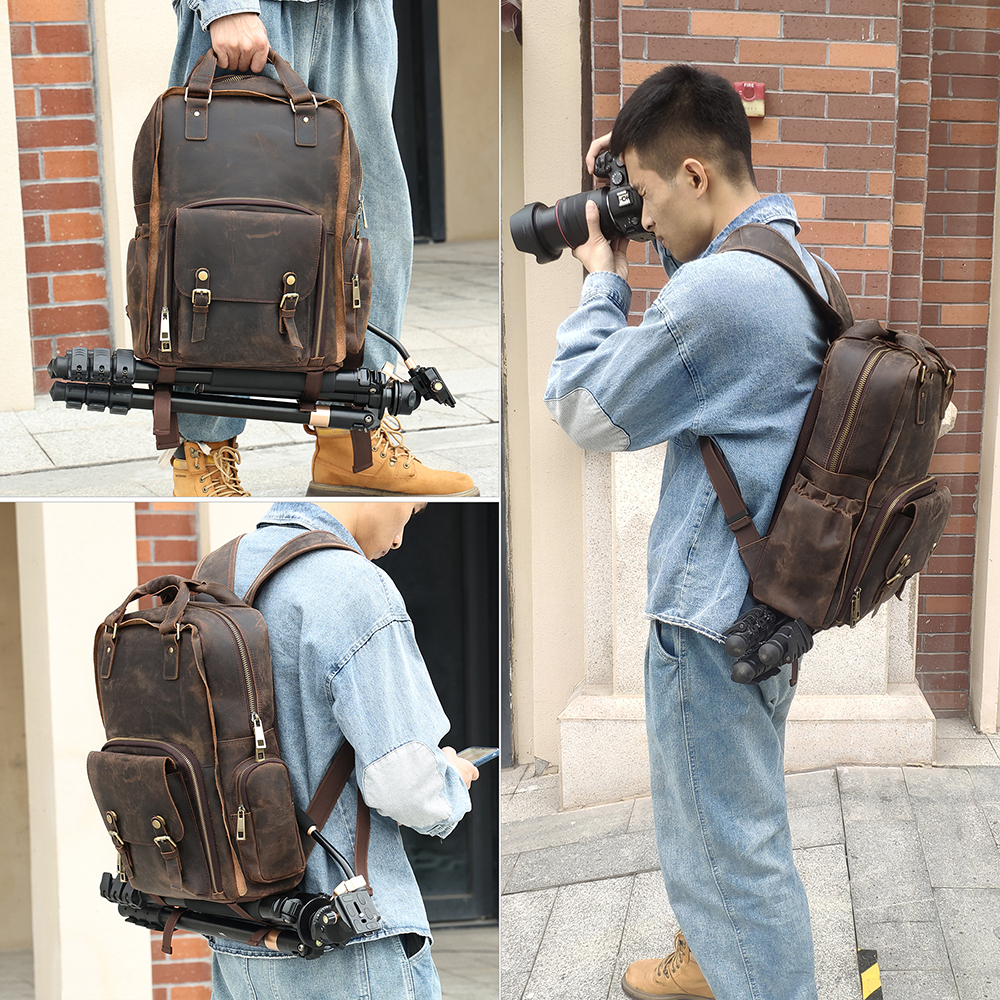 حقيبة ظهر جلدية من كريزي هورس، حقيبة ظهر للرجال، حقيبة كاميرا جلدية (5)