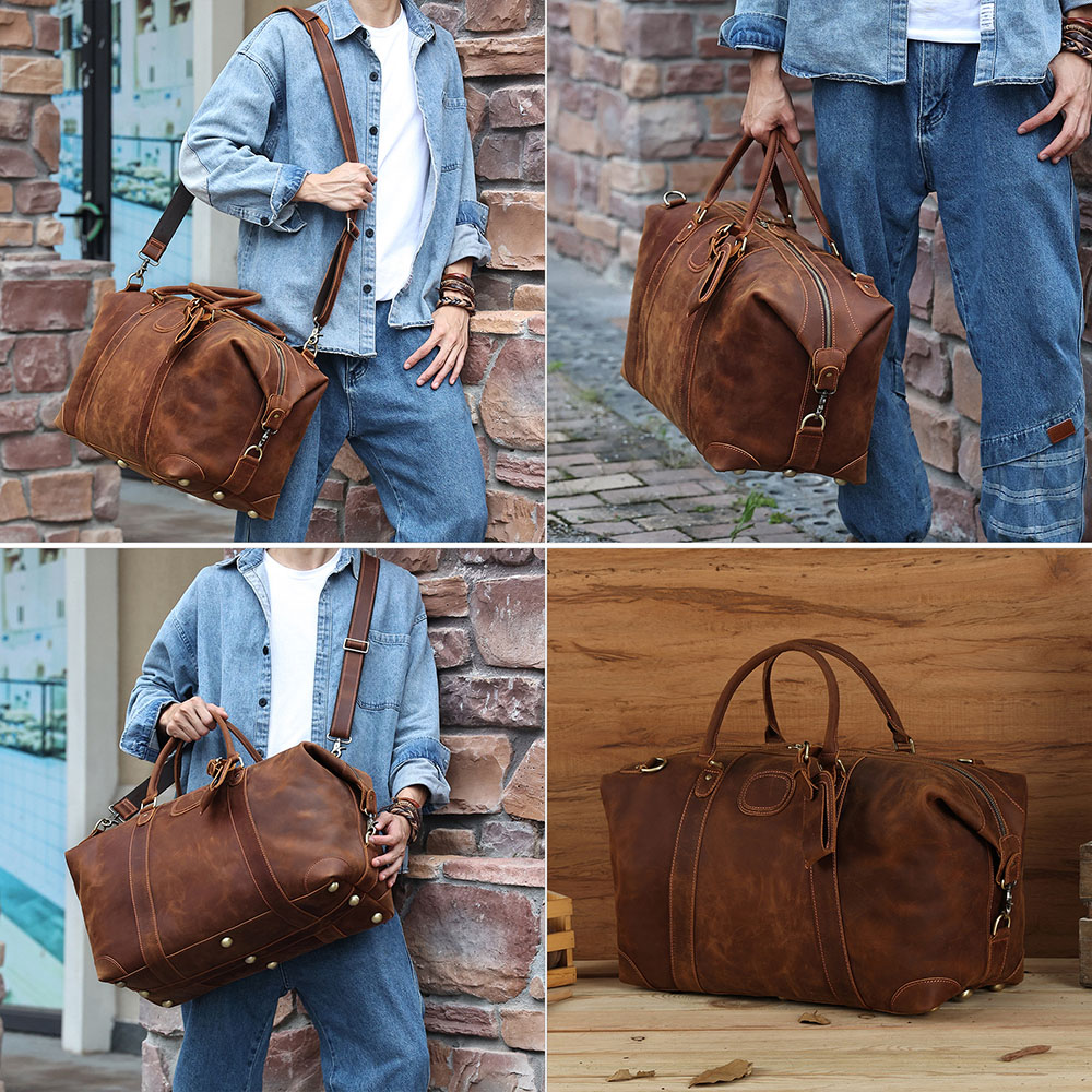 Customized Crazy Horse Leather Vintage Travel Bag Luggage Bag Foldable Soft Bag (4)