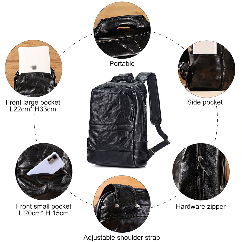Prilagođeni LOGO biljno štavljene kože, poslovne ležerne crne muške ruksake (4)