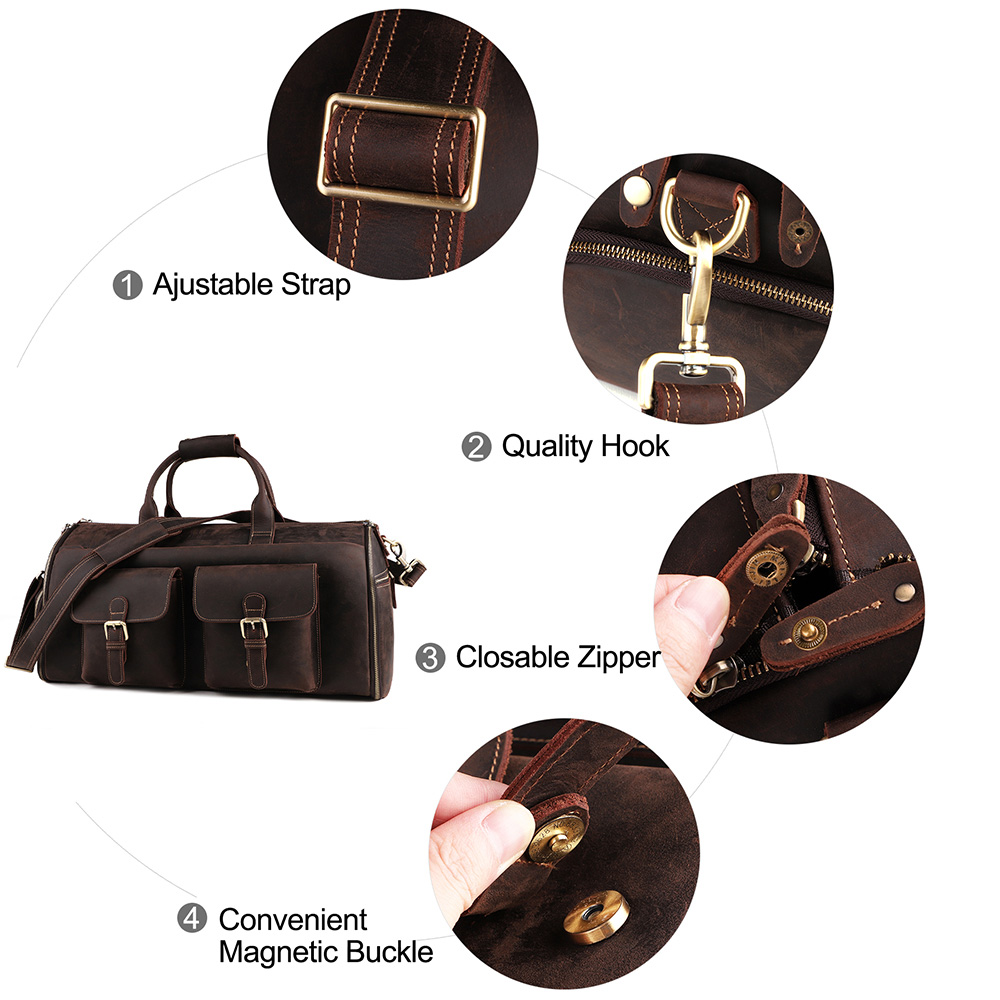 تخصيص حقيبة سفر سعة كبيرة حقيبة رجالية كريزي هورس جلدية خمر حقيبة سفر حقيبة الأمتعة (4)